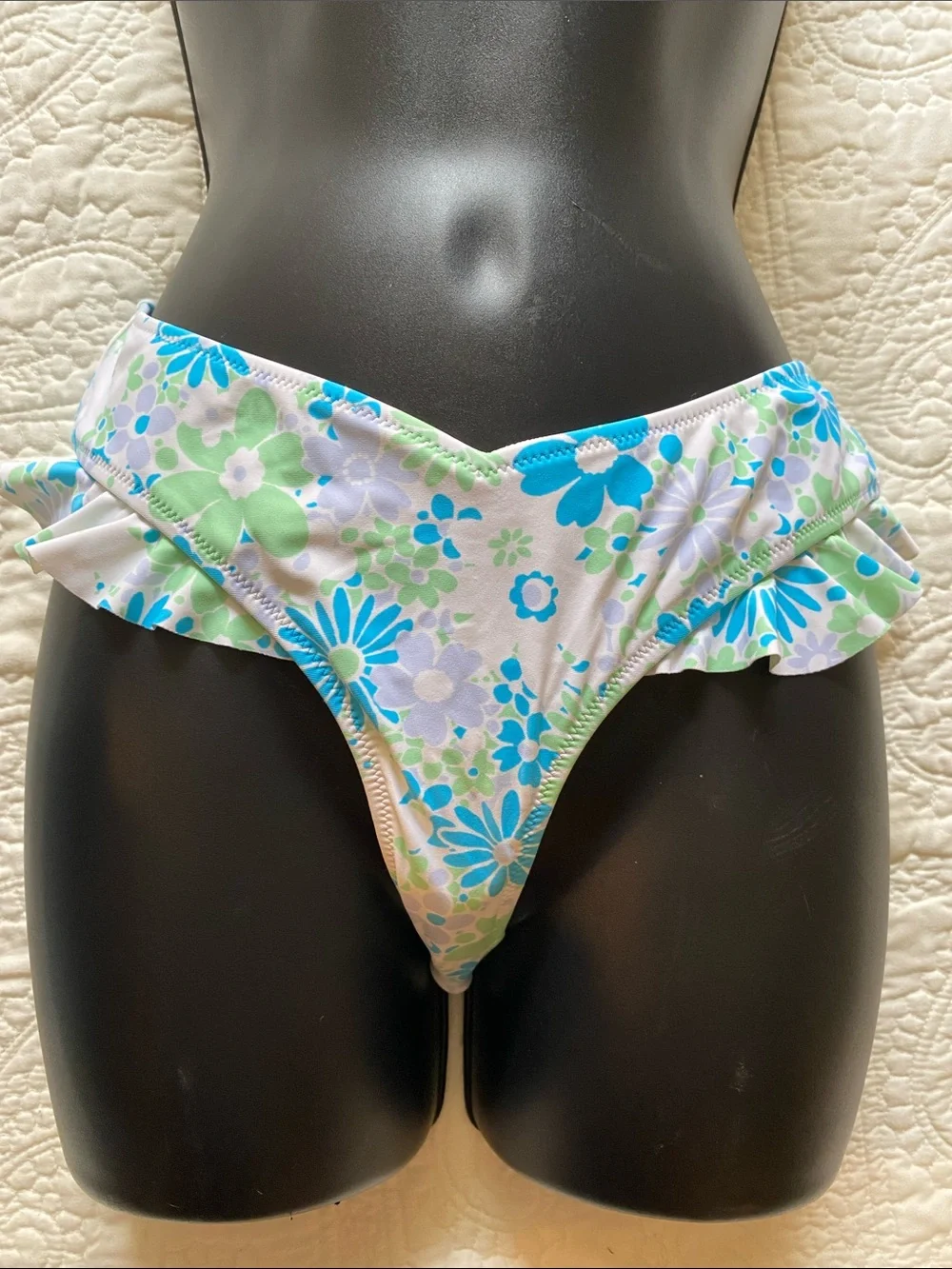 aerie Mix and Match Floral Ruffle Bikini Bottom in multi Blue & Green lavender